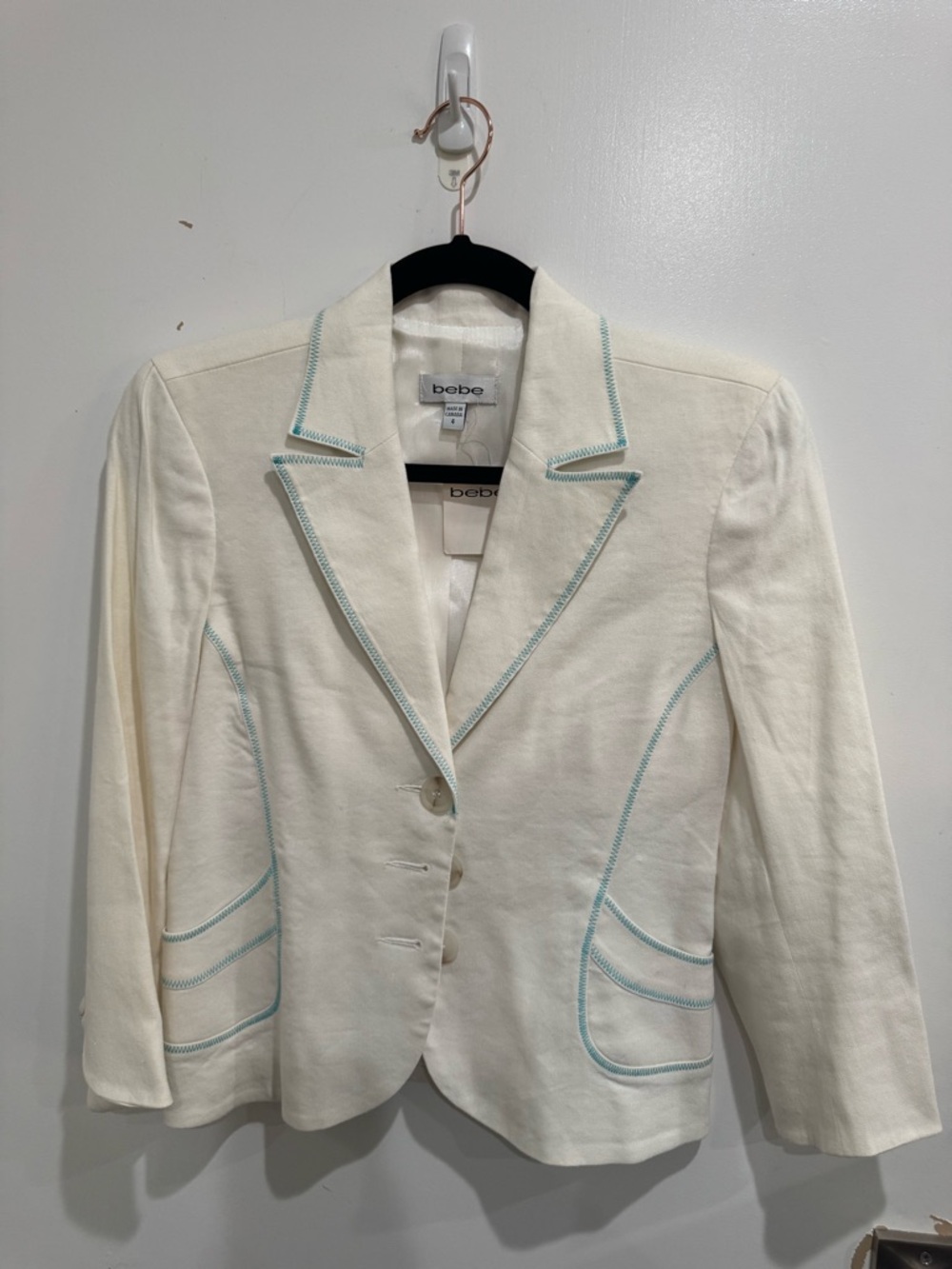bebe Cream Blazer with Light Blue Trim - Women's Tailored Jacket